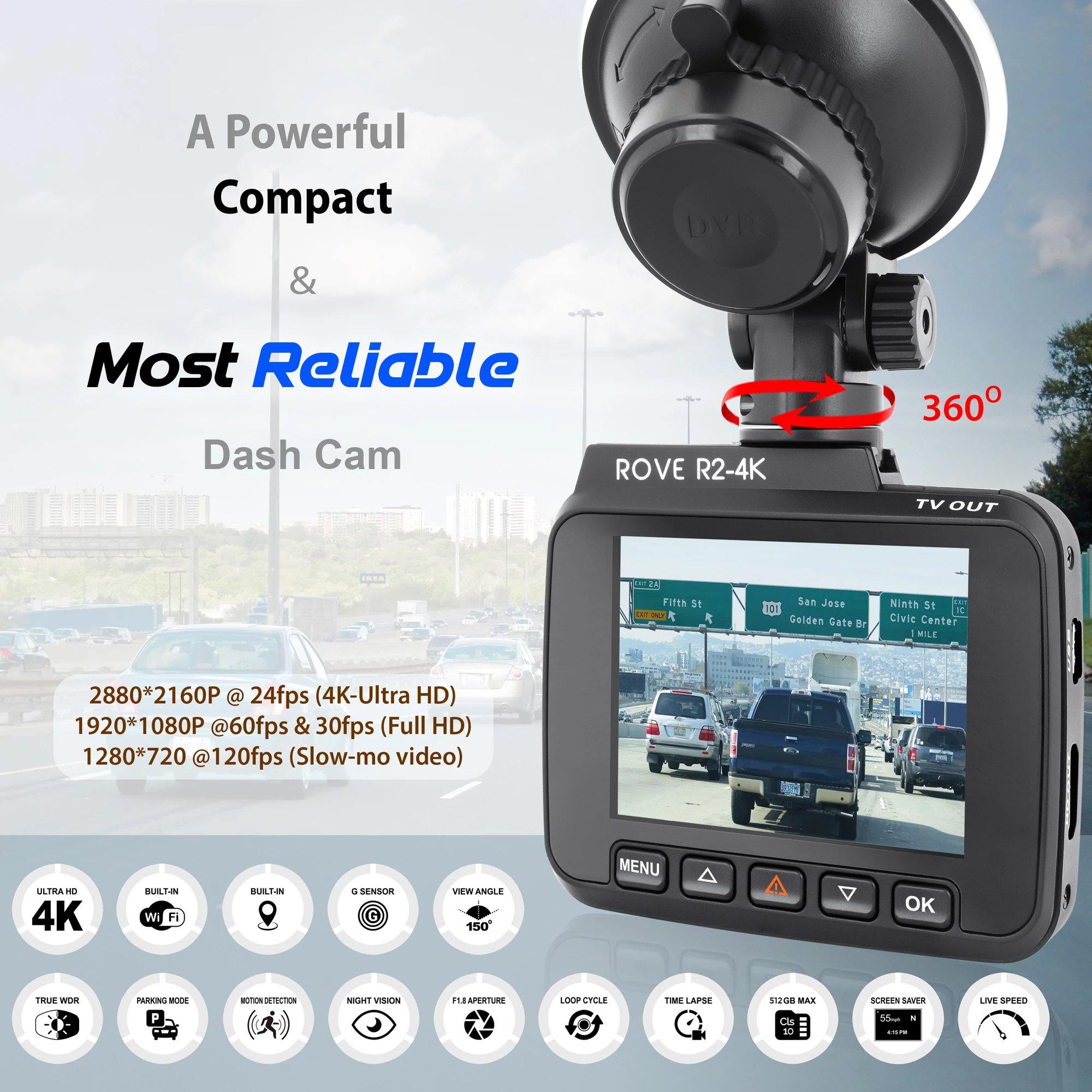 ROVE R2-4K Dash Cam 4K Ultra HD 2160P Car Dash Camera - Built In WiFi & GPS (Refurbished) - ROVE Dash Cam