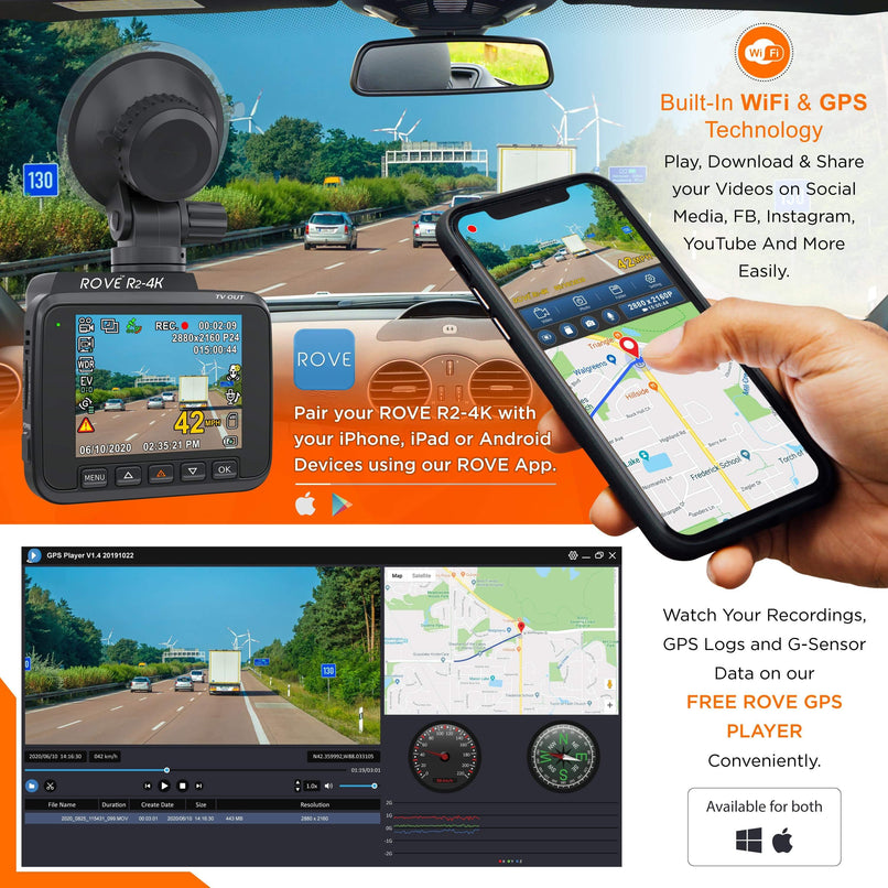 3 Rove R2-4K Dash Cam 4K Ultra HD 2160P Dash Board Camera Built In WiFi & GPS - ROVE Dash Cam