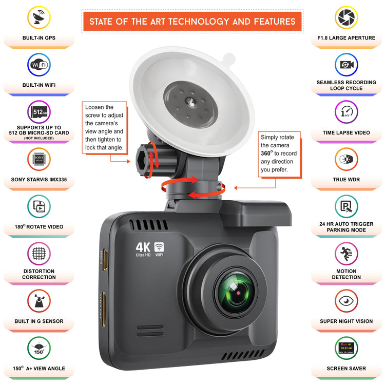 3 Rove R2-4K Dash Cam 4K Ultra HD 2160P Dash Board Camera Built In WiFi & GPS - ROVE Dash Cam