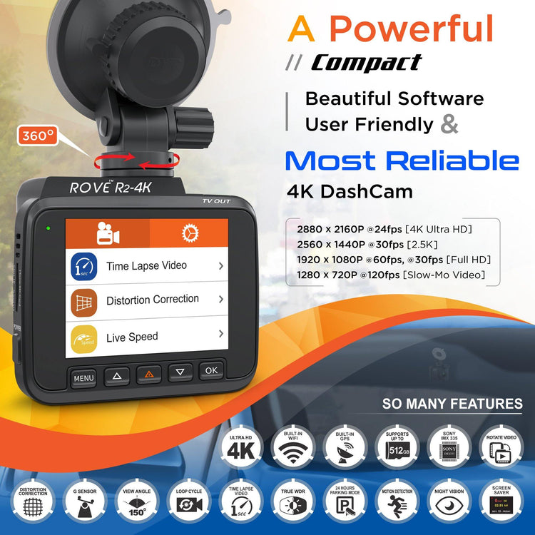 Rove R2-4K Dash Cam 4K Ultra HD 2160P Dash Board Camera Built In WiFi & GPS - ROVE Dash Cam