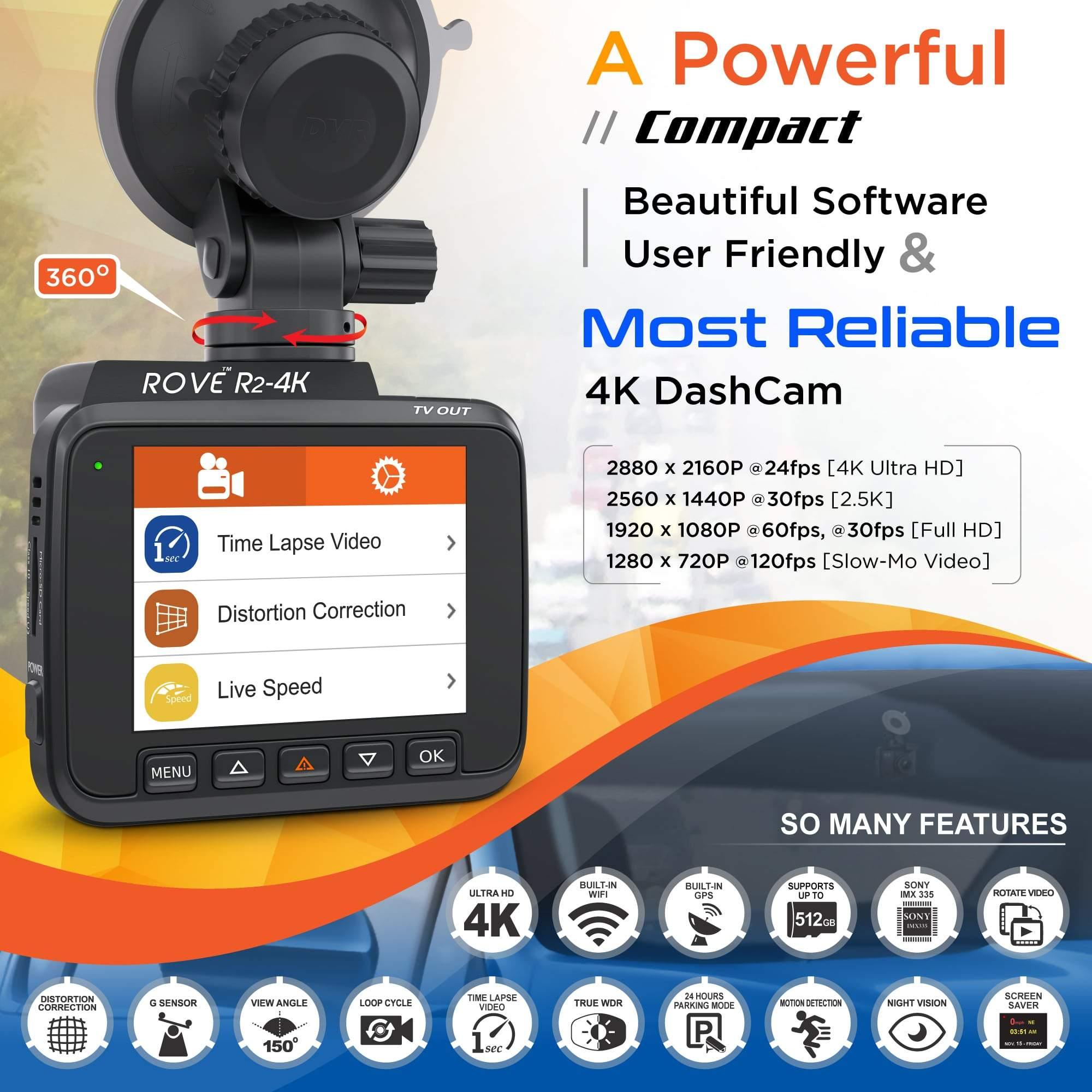 3 Rove R2-4K Dash Cam 4K Ultra HD 2160P Dash Board Camera Built In WiFi & GPS - ROVE Dash Cam