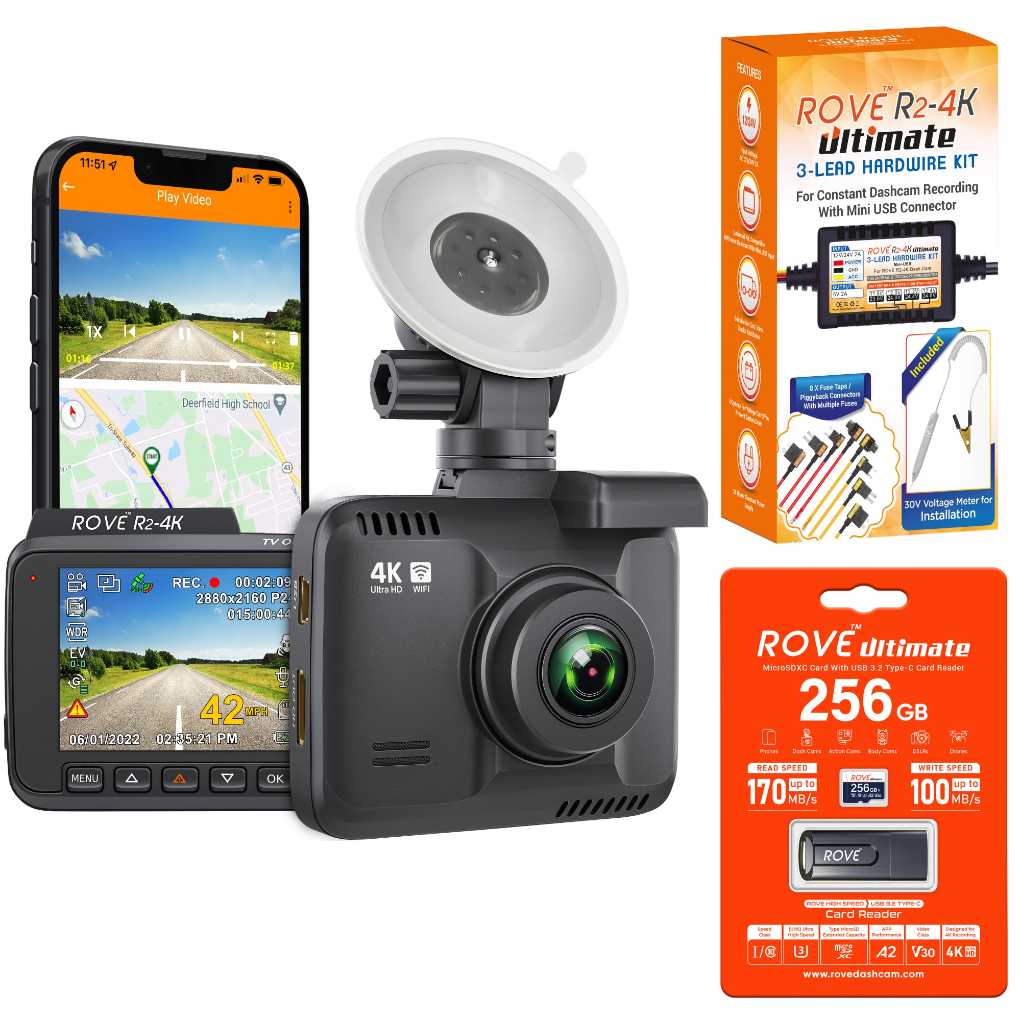 Rove R2-4K Dash Cam 4K Ultra HD 2160P Dash Board Camera Built In WiFi & GPS - With bundle variation of Memory Card & R2-4K Hardwire Kit