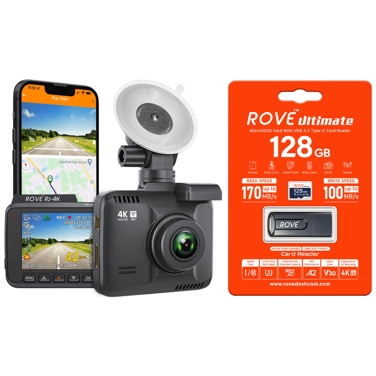 Rove R2-4K Dash Cam 4K Ultra HD 2160P Dash Board Camera Built In WiFi & GPS - With bundle variation of Memory Card & R2-4K Hardwire Kit