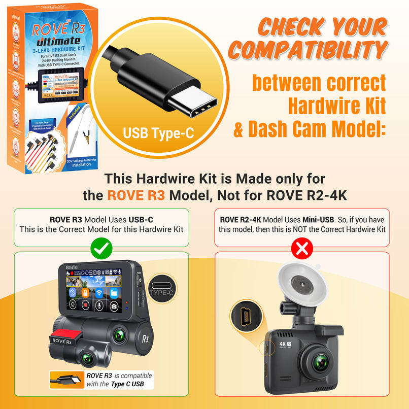 ROVE R3 Ultimate 3-Lead USB Type-C Hard Wire Kit for Dash Cam