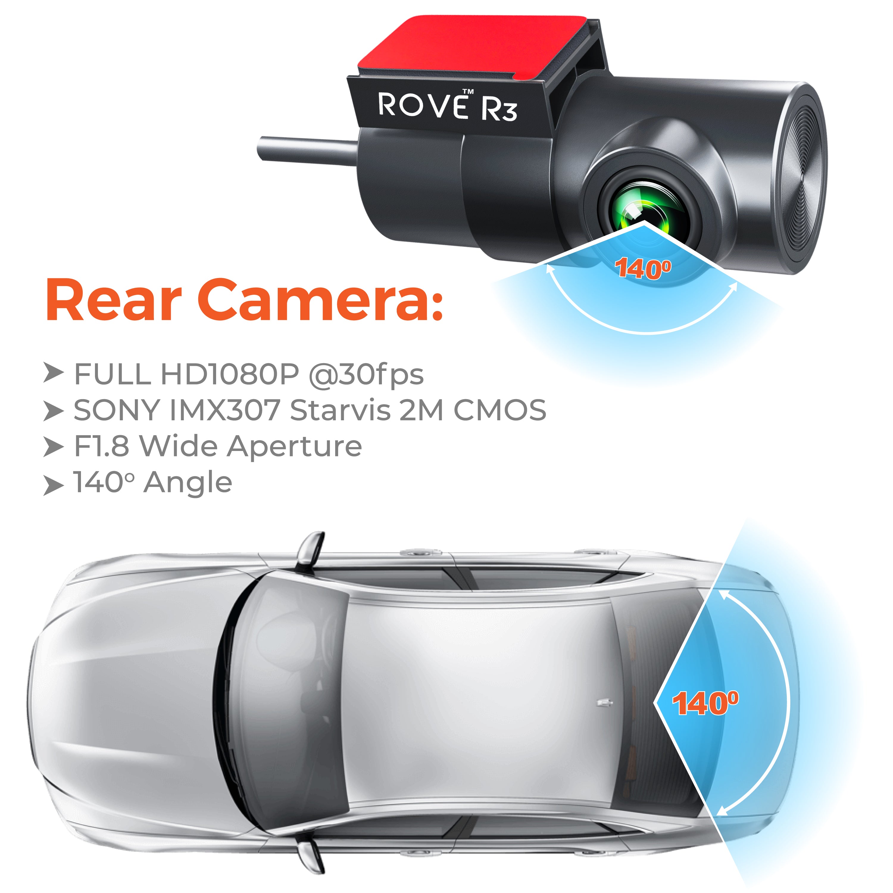 ROVE R3 Rear Cam, 180° Vertically Rotatable, 1080p full HD F1.8-140° Wide Angle and Night Vision enabled, Interior Rear Cam for Car, Truck, Mini RVs and Camper van