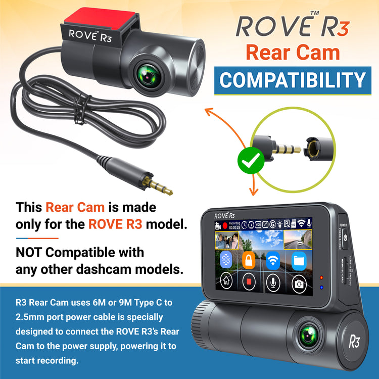 ROVE R3 Rear Cam, 180° Vertically Rotatable, 1080p full HD F1.8-140° Wide Angle and Night Vision enabled, Interior Rear Cam for Car, Truck, Mini RVs and Camper van