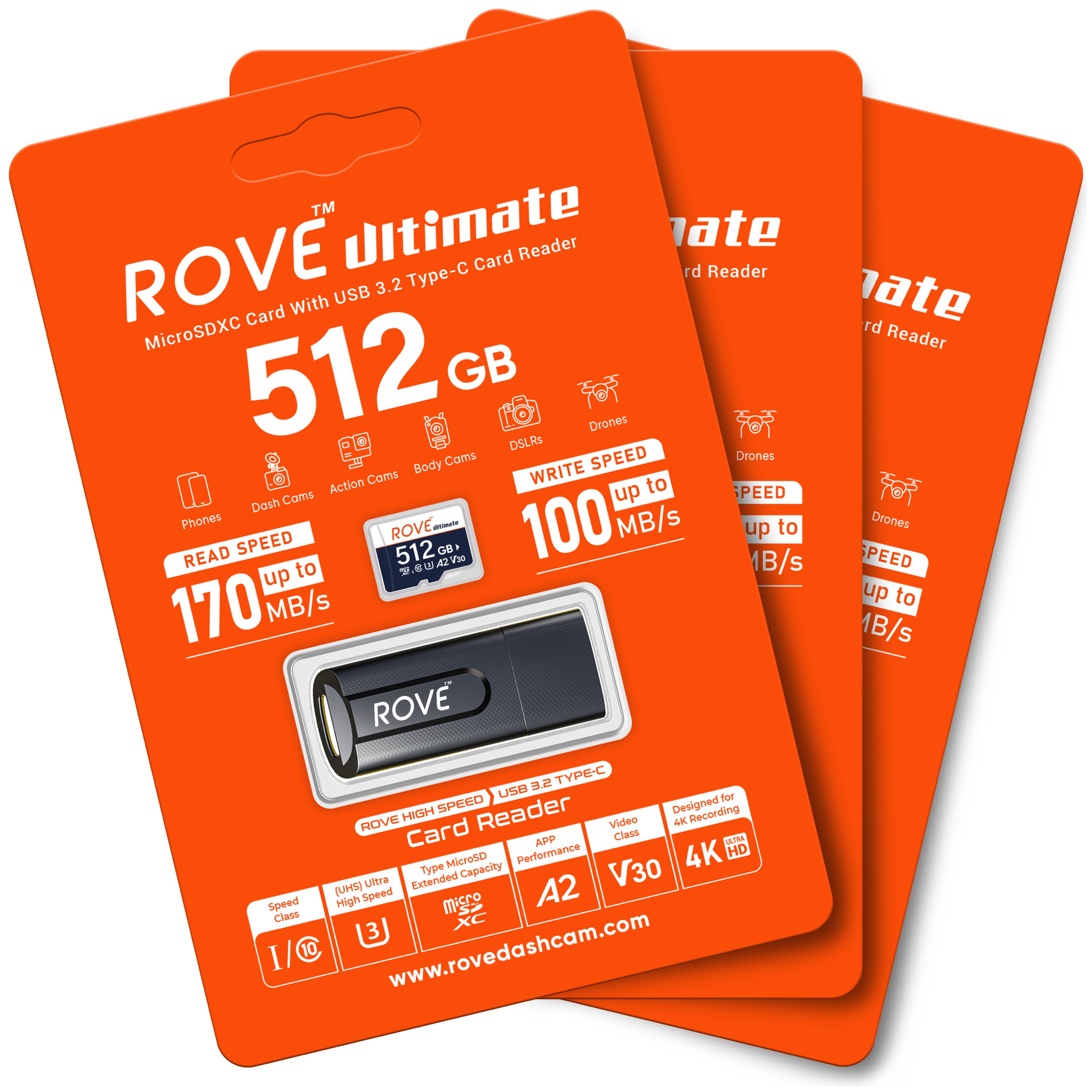 Rove Ultimate 128GB/256GB/512GB Micro SDXC Card with USB 3.2 Gen-1 Type-C card reader, Micro SD memory card for dash cam, Up to 170MB/s Read, 100MB/s Write, U3, Class10
